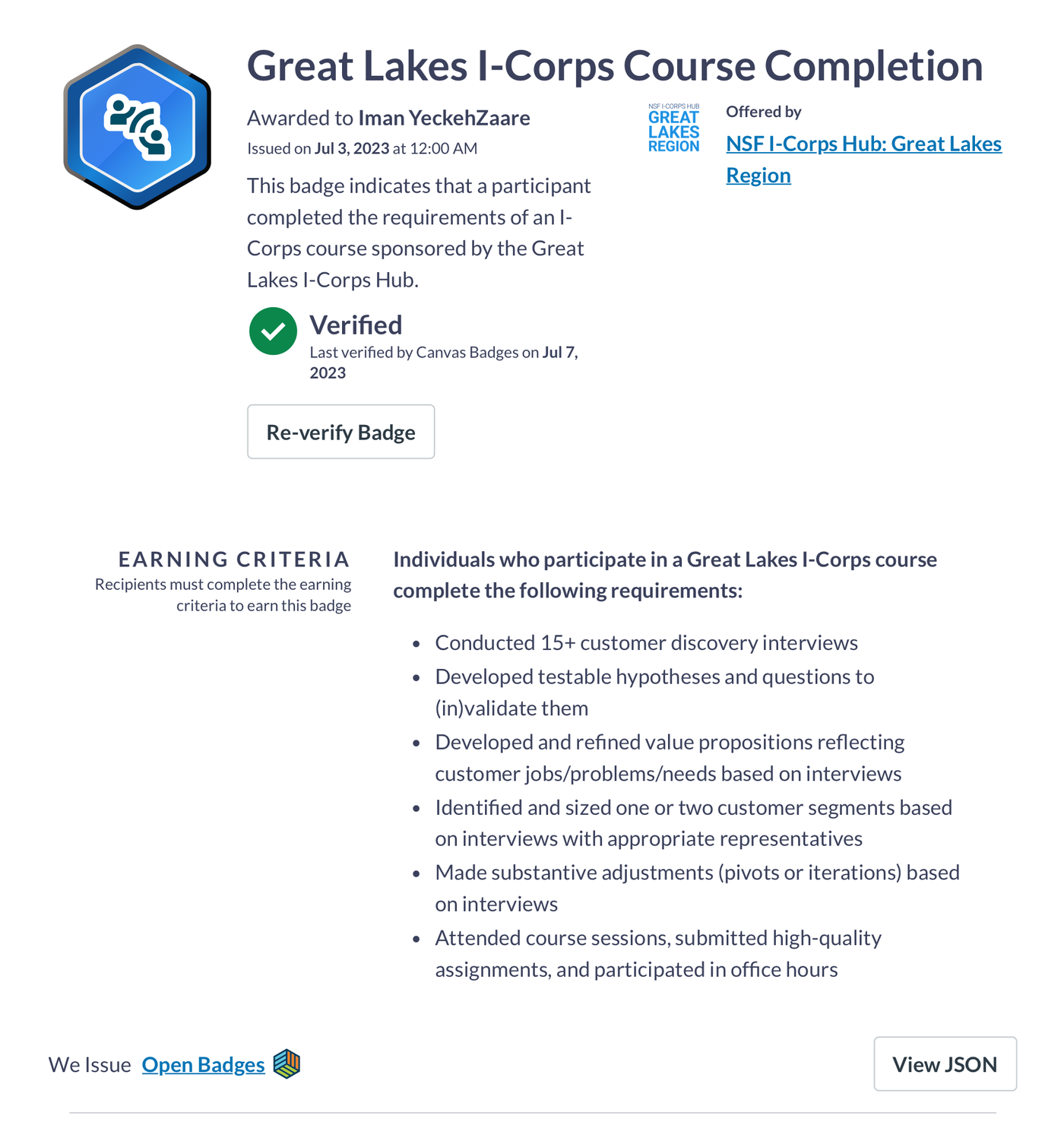 Open Badge record titled Great Lakes I-Corps Course Completion, awarded to Iman YeckehZaare, issued on July 3, 2023, and offered by the NSF I-Corps Hub: Great Lakes Region. The record is marked Verified and lists the earning criteria for the course.